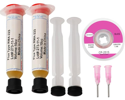 FUHAMJ 2 Piezas Pasta de Soldadura para Electrónica – Flux Profesional No-Clean para Soldar SMD/PCB/Componentes – Incluye Malla Desoldadora 1,5m – Flujo de Soldar Preciso y de Alta Fluidez
