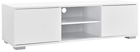 [en.casa] Mobile TV a 2 Ante con Scomparti Chiusi e Aperti Tavolino Basso Porta TV con Foro Passacavi Stand TV Centri Multimediali 34,5 x 120 x 40 cm - Bianco Lucido
