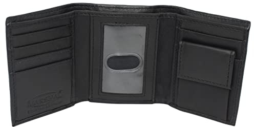 MARSHAL Genuine Leather Kids Slim Compact ID and Coin Pocket Trifold Boys Wallet Black