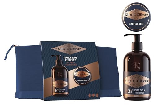 King C. Gillette Kit Barba Perfetta Per Una Barba Profumata Ogni Giorno, Con Pochette Da Viaggio, Detergente 3in1 Barba E Viso 350 ml E Balsamo Per Barba 100 ml