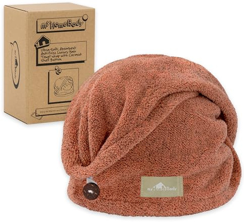 myHomeBody Hårhandduksomslag, snabbtorkande turban, absorberande keps – kanel