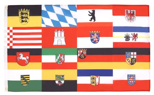 AZ FLAG Drapeau 16 lander d'Allemagne 90x60 cm Polyester 100D 2 Œillets | Usage intérieur et extérieur Drapeau décoratif des lander allemands 16 Länder Deutschlands avec œillets métalliques