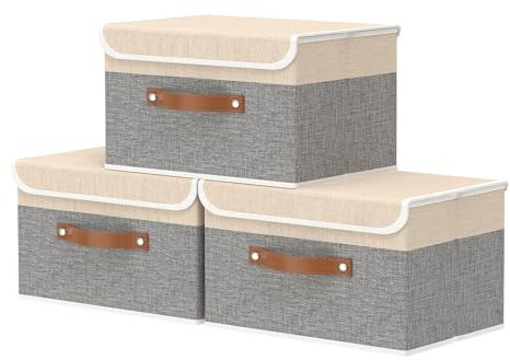 OUTBROS 3 Set Aufbewahrungsbox mit Deckel, 33x23x20cm, Beige/Grau | Dekorative Aufbewahrungsboxen mit Griff, Kisten Aufbewahrung, Schrank Organizer Kleiderschrank, für Kleidung