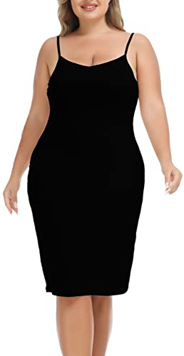 Vlazom Women's Plus Size Full Slip Dresses V-Neck Soft Nightdress Adjustable Spaghetti Strap Mini Casual Dress Under Dresses A-Black,4XL