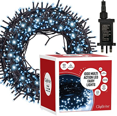 GloBrite 1000 LED Fairy Lights – Cool White Outdoor String Lights, 8 Modes, Waterproof Christmas Lights for Trees & Christmas Decorations