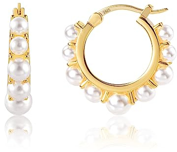 Gold Pearl Hoop Earrings for Women Sterling Silver Post Pearl Earrings Hypoallergenic 14K Gold Pearls Hoop Earring for Women Jewelry Gifts