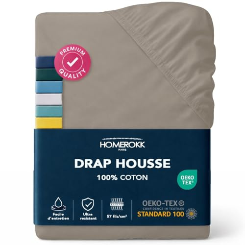 Drap Housse 200 x 200 x 27+ cm - 100% Coton 57 Fils/m2 - Bonnet Profond pour Matelas épais - Taupe