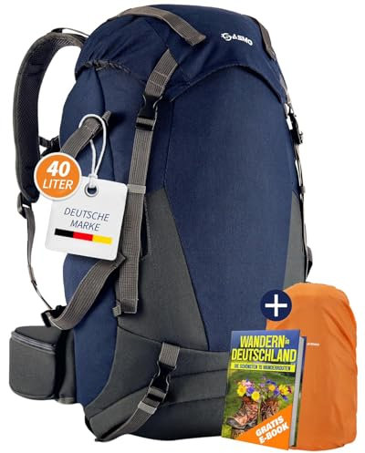 SASMO® Wanderrucksack 40l + 5l mit Kontaktrücken (Blau) | isoliertes Frontfach & integrierter Kulturbeutel | Wanderrucksack Herren & Damen + Schuhfach | inkl. Regenschutz