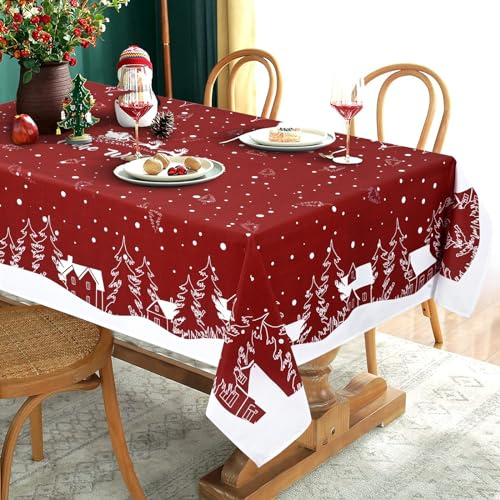 Yrendenge Weihnachtstischdecke Rot Tischdecke Abwaschbar Outdoor Tischtuch Rechteckig wasserdichte, Cartoon Häuser Baum Elch Tablecloth für Winter Ferien Wohnkultur, 140 x 240 cm