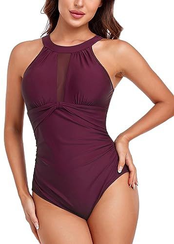 Vevarble Swimming Costume Women Mesh High Neck One Piece Swimsuits | High Neckline, Mesh, Adjustable Metal Hook Closure, Ruched Waist Design, Tummy Control Swimwear Bathing Suit