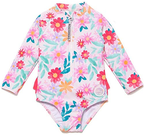 BONVERANO Traje baño bebé protección Solar UPF 50+ Cierre Cremallera con Volantes (Flor, 9-12 Meses)