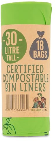 Eco Green Living Sacs poubelle compostables 100% biodégradables 30L, 108 sacs, vegan, solides, étanches, sans BPA, recyclables, 6 rouleaux. Parfaits pour déchets alimentaires et usage quotidien.