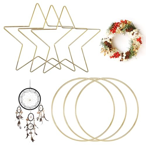 PIWOSGOL Metallringe zum Basteln 6 Stück 20 cm, Metallringe und Metallring Stern, Metallring Dekoringe Gold Sternringe, Metallringe Stern für DIY Basteln, Traumfänger, Kranz, Makramee, Wandbehänge