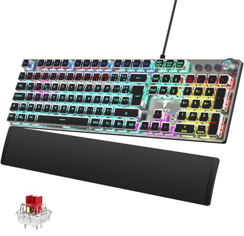 TECURS Clavier Gaming Mécanique - Clavier Gamer Programmable avec Repose-Poignet Magnétique, Switchs Rouges, 19 Modes LED, Touches Multimédia, Clavier AZERTY PC/Wins/PS4