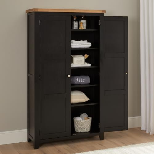The Furniture Market Cheshire Black Painted Oak Double Shaker Linen Cupboard, Solid Oak Frame, Brushed Steel & Oak Knob Handles, Versatile Storage Solution - H 1800 x W 1020 x D 410mm