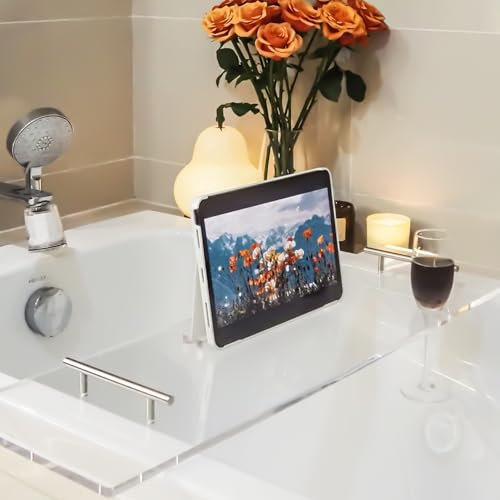 Ezcasch Acrylic Bathtub Tray Bathtub Tray Caddy Bath Tray Table for Tub Luxury Spa with Book and Wine Glass Holder Bathroom Accessories for Decorative Bathtubs, Transparent 29.5inch