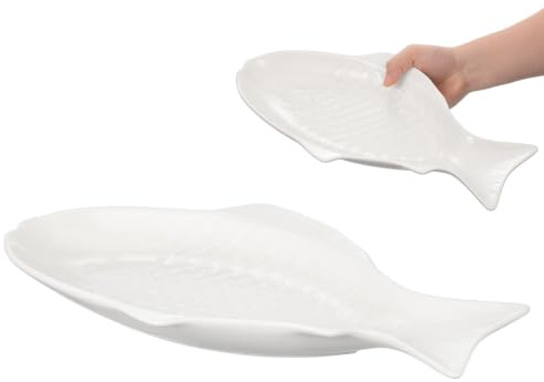 HOLIDYOYO Plat en Céramique Blanc de Poisson, Plateau de Service Multifonction pour Réceptions, pour Mariages et Restaurants, Design Unique et Esthétique