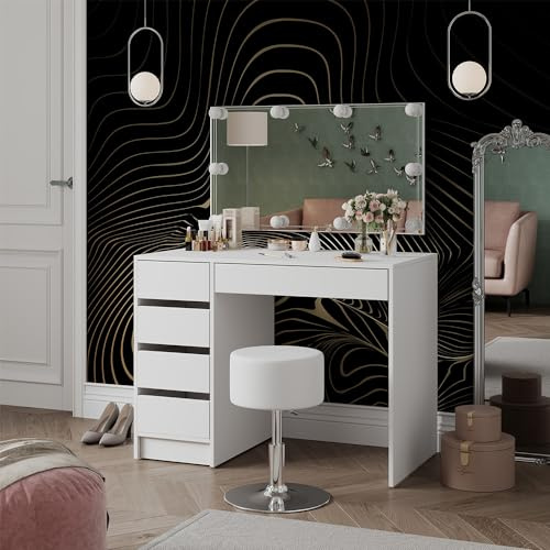 Vicco Tavolo da toilette Thalia, Bianco, 100 cm con illuminazione a LED e sgabello, Struttura del tavolo robusta per un utilizzo duraturo