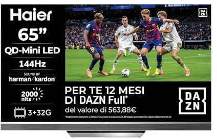 Haier QD Mini LED Harman Kardon 4K UHD H75M95EUX - Smart TV 75, Google TV, Technologie Dolby, HDR 10, Smart Remote Control, Google Assistant, Bluetooth 5.1, DBX TV, HDMI 2.1 x 4, sans Cadre, 2024