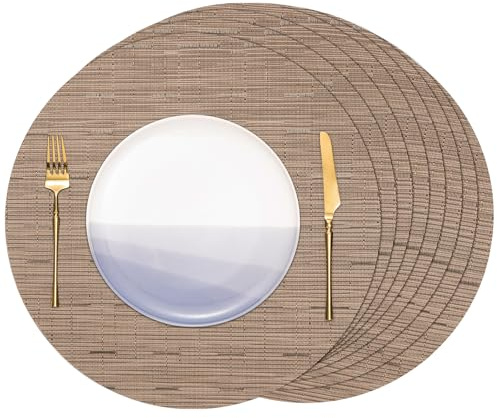 Banchif Platzsets abwaschbar Tischsets abwaschbar Rund 38 cm Platzdeckchen | Platzsets abwaschbar 8er Set Platzdeckchen PVC Rund rutschfest Tischsets abwischbar gewebte Vinyl (Braun)
