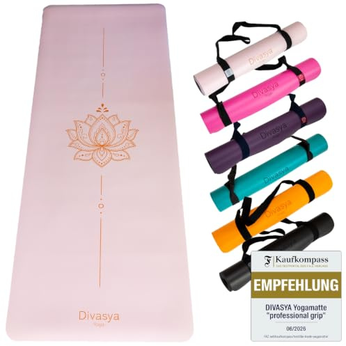 DIVASYA Premium Yogamatte rutschfest: Naturkautschuk rutschfest & japanische professional grip Oberfläche | 185x68x0,45cm | Tragegurt | 4,5mm dicke Yoga Matte rutschfest