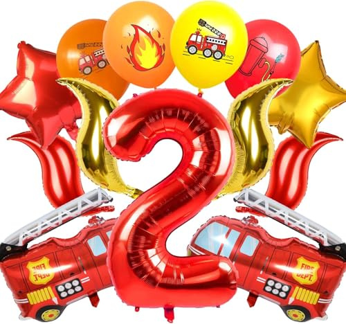 Feuerwehrauto 2 Geburtstag Luftballon, 21 Stück Kindergeburtstag Feuerwehrauto Deko, Feuerwehrauto Folienballon Feuerwehr Geburtstag Deko 2 Jahre, Luftballons Feuerwehr für Kinder Geburtstag Deko