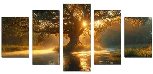 JOSUE 5 PièCes Tableau Nature Moderne Arbre de vie Tableau Sur Toile,Or, gris Decoration Murale Salle De Bain Bureau Salon Cuisine- 50x100cm Sans cadre