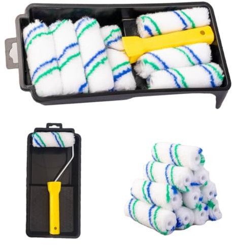 FTXanty Farbroller Set 12 Stück Wandfarbe Malerrolle Farbwalze Klein 10cm Lackierrolle Farbroller + Mikrofaser Farbroller Abdeckung Farbroller Rahmen + Farbwanne für Malerei Kunst Haushalt