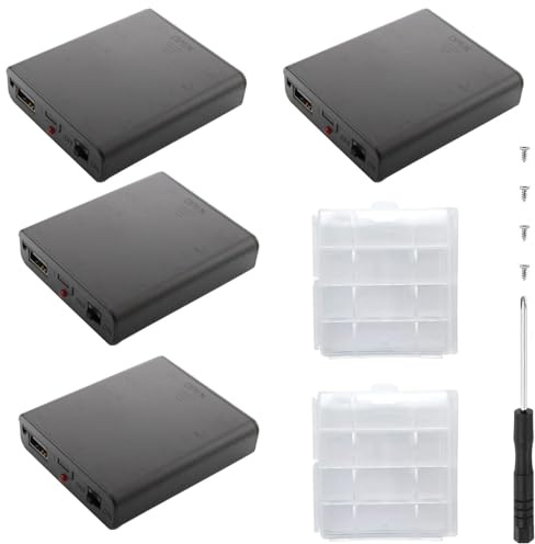 VISSQH 4 Pièces AA Support de Batterie,4 x 1.5V Support de Batterie 6V Battery Holder Box Case,AA Boîte à Piles en Plastique avec Intégré Prise Femelle USB Couvercle et Interrupteur on/Off (Noir)