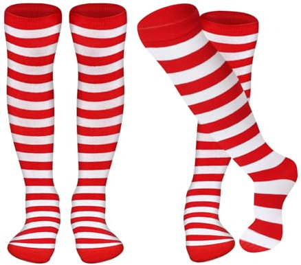 IHLOOTD Chaussette Haute de Noel Femme 2 Paires Chaussettes Lutin Collant Rayé Rouge et Blanc Bas Hautes Noel Femme Montante Jeux de Rôle, Réunions de Famille, Célébrations