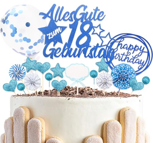 DazzJoy 23 Stk Blau Cake Topper 18 Geburtstag Junge Mädchen,Glitter Tortendeko 18. Geburtstag Deko mit Geburtstagskerzen,Kuchendeko 18 Jahr Geburtstagsdeko,Alles Gute zum Geburtstage 18 Cupcake Topper