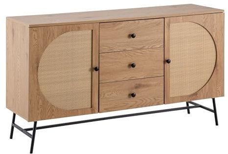 Wohnling Sideboard 140x80x40 cm Kommode Eiche-Dekor mit Rattan Geflecht Modern, Hoher Kommodenschrank, Standschrank mit 2 Türen und 3 Schubladen, Anrichte Wohnzimmer