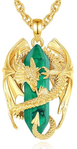 INFUSEU Kristall Drachenkette, Nordischer Malachit 18K Gold Drachenanhänger, Sechseckiger Anhänger, Heilender Gothic Schmuck, Natürlicher Kristallgeschenk für Männer und Frauen