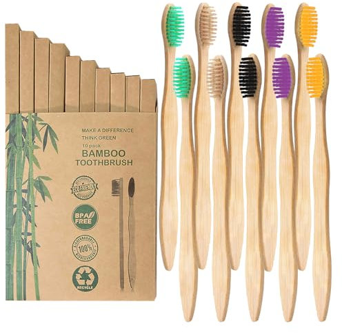 10 Pack Natural Bamboo Toothbrushes,Organic Biodegradable Handle Eco-Friendly Natural Wooden Toothbrush,5 Color Soft Medium Bristles Premium Wooden Toothbrush for Adults