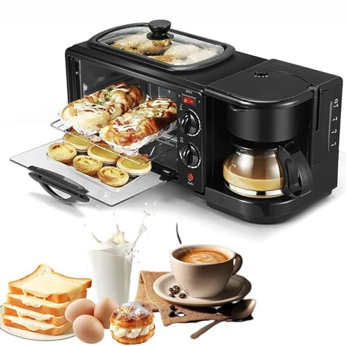 Electric Breakfast Machine - 3-in-1 Breakfast Station with 1.2L Cooking Pot, 9L Baking Area, Coffee Maker, 100-230°F Temperature Control & 30 Min Timer for Kitchen Use