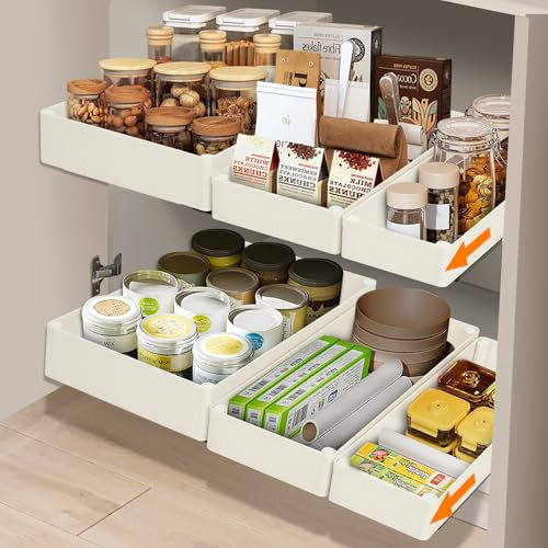 VINATO Teleskopschublade 3er Set - Ausziehbarer Schrankorganizer mit 3 Größen (L/M/S), Carbon-Schienen & ABS-Material, Schubladenauszug für Küchenschrank Nachrüstung