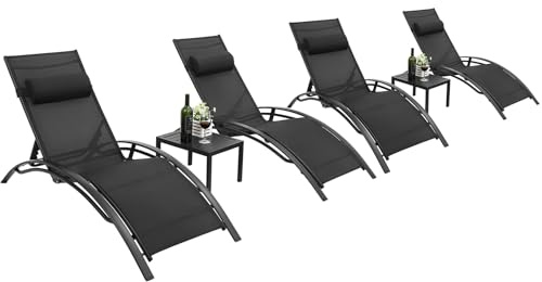 LIFERUN XXL Aluminium Sonnenliege 4er Set, stapelbare liegestuhl Garten, Mit Beistelltisch und Kopfkissen, Wetterfest, 5-Fach Verstellbare Rückenlehne, Geeignet für Gärten, Schwimmbäder, Strand, 4 PCS