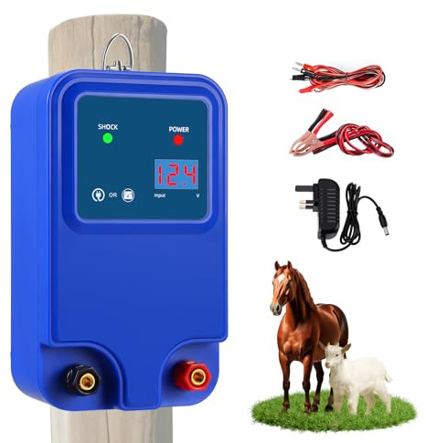 Electric Fence Energiser 12V With LED Display, Waterproof Battery Powered Electric Fence 1.5J Output for 5Km Range, 3 Ways Power Supply, Charger Peak 12kV to Protect Livestock Poultry