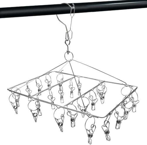 Skroad Stainless Steel Sock Drying Rack, Swivel Hook Wind-proof Clothes Hanger Rack for Socks, Underwear, Shoe Insoles, Baby Clothes, Gloves with 20 Pegs