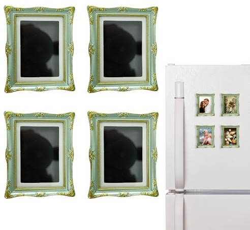 PYOAGT 4 Pack Magnetic Picture Frames for Refrigerator - 3x2 Vintage Green Photo Frames(Dimensions with Card Size：2.4 X 1.6),Vintage DIY Photo Frames, Antique Ornate, Paintings, Home & Office Decorative Gift