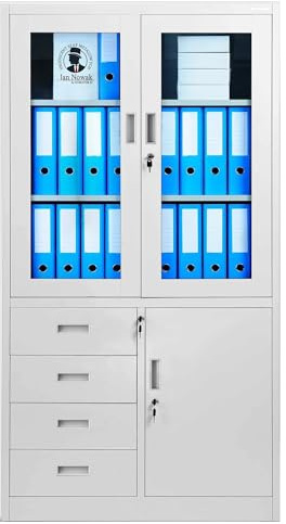 Jan Nowak Aktenschrank C042 Büroschrank Metallschrank Flügeltüren Schubladen Pulverbeschichtung Stahlblech 185 cm x 90 cm x 40 cm (H x B x T) (Grau)