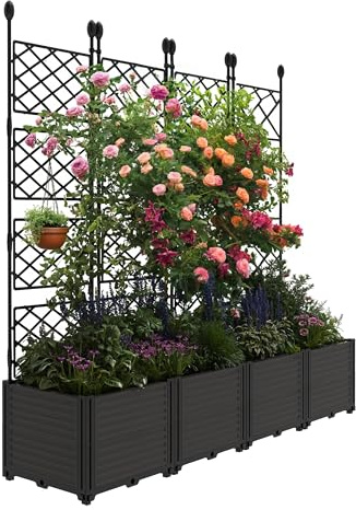 Garvee 4 PCS Plastic Plant with Metal Trellis, Raised Garden Bed with Trellis Planter for Climbing Plant Outdoor Raised Box Privacy Screen for Patio Balcony, Planter for Backyard Patio