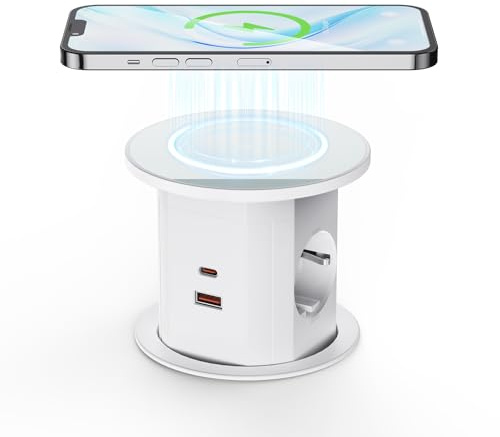 Ohuo Prise Escamotable avec Chargement sans Fil 15 W, 2 Ports USB-C et 2 USB-A, Câble de 2 m, D 85-95 mm