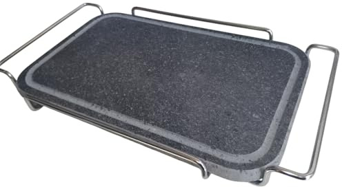 Pietra ollare rettalgolare reflettaria cm 25x35 con supporto inox Bistecchiera Grill Barbecue Griglia da Tavolo per Carni Verdure pesce Bordo arrotondato altissima qualita'
