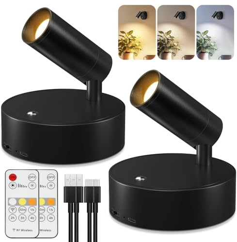 Kimjo Spot Lights Indoor, 4000mAh Rechargeable Battery LED Spotlight Indoor with Remote, Wireless Picture Lights with Timer Dimmable, Uplighting for Plant, Wall Art Display (2 Pack)