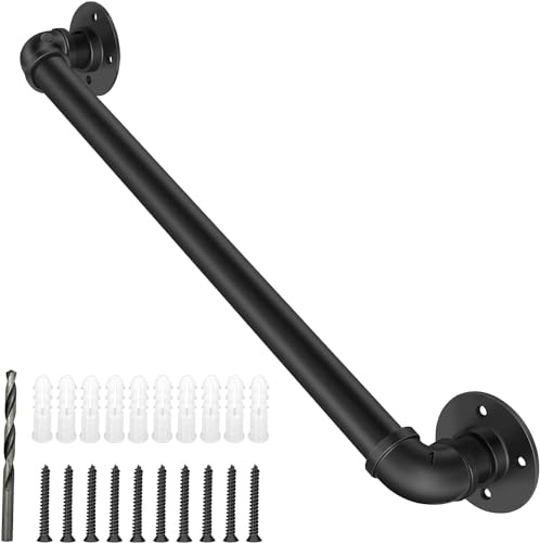 Escalera industrial de hierro forjado negro – Barandilla de seguridad de 3 pies para escaleras de interior/exterior, kit completo con diseño de tubería de agua para una mayor estabilidad y estilo
