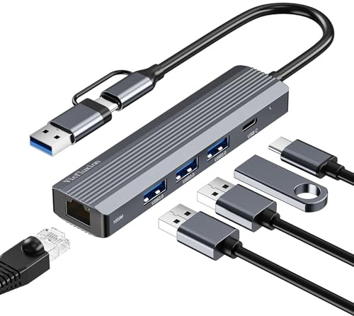 5-in-1 USB C Hub Gigabit Ethernet Adapter, with 3 USB 3.0 Data Ports, a USB C Data Port and RJ45 Gigabit LAN Port Compatible with laptops/Windows/Linux/Mac OS Systems