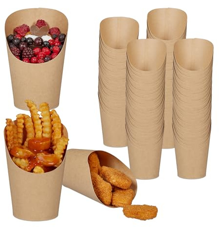 Relaxdays Kraftpapier Becher 100er Set, abgeschrägt, Pommes, EIS, Popcorn, Snacks to go, 400ml, Snackbecher Pappe, braun | Popcorn, Snacks to go, 400ml, Snackbecher Pappe