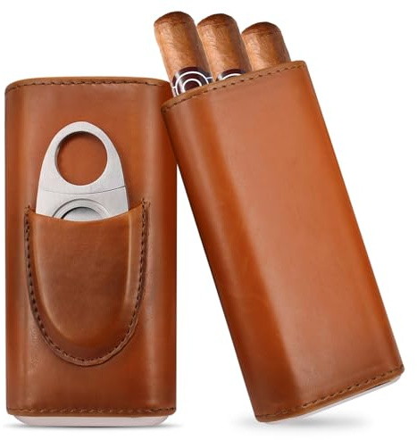 BORDEAG Portasigari da Viaggio, Portasigari Portatile In Pelle con Tagliasigari per 3 Sigari, Custodia per Sigari, Foderata In Legno di Cedro, Portasigaris Marrone In Cuoio per Padre E Famiglia