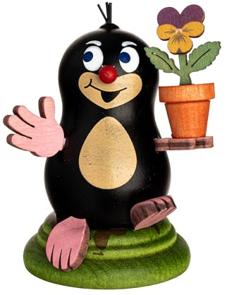 Kuhnert Dekoration/Holzfigur Maulwurf Lilli - mit Stiefmütterchen - handgefertigte kleine Dekofigur - Größe: ca. 6cm - Erzgebirgische Holzkunst - Made in Germany